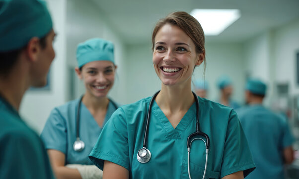 Happy medical staff members smile in hospital setting. Smiling nurses and doctors in uniform with stethoscopes. Team of diverse healthcare professionals in a medical clinic.