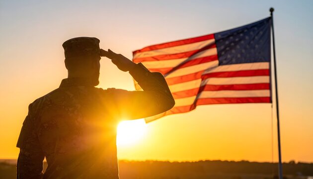 A soldier salutes the American flag during sunset, representing honor and patriotism. The image evokes a sense of duty, respect, and national pride