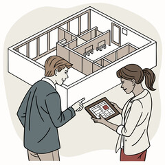 Man and woman discussing a floor plan on a tablet in front of an isometric building layout