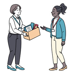 Two women colleagues interacting with one woman handing a box of office supplies to another
