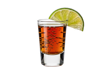 Clear shot glass filled with dark amber tequila and effervescent bubbles, a vibrant green lime wedge on the rim, isolated on a transparent background, premium beverage advertising