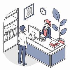 Two business people interacting in an office setting with a computer and bookshelf conveying a professional atmosphere