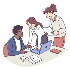 Diverse team of three professionals collaborating on a project at a desk with a laptop and documents