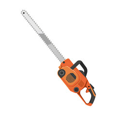 Orange electric chainsaw with metal chain and handle isolated on transparent background