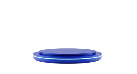 Sleek deep sapphire blue circular podium with ethereal electric glow on a pristine infinite white studio background, high-key lighting, ultra-minimalist, futuristic product concept