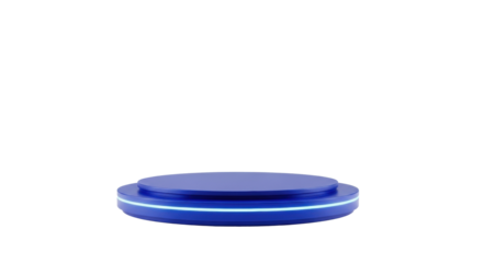 Sleek deep sapphire blue circular podium with ethereal electric glow on a pristine infinite white studio background, high-key lighting, ultra-minimalist, futuristic product concept