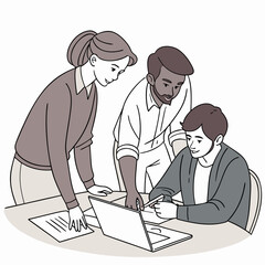 Diverse team of three people collaborating on a project using a laptop and documents at a desk