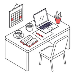 Isometric view of a clean desk with a laptop open book coffee cups and a calendar marking important dates