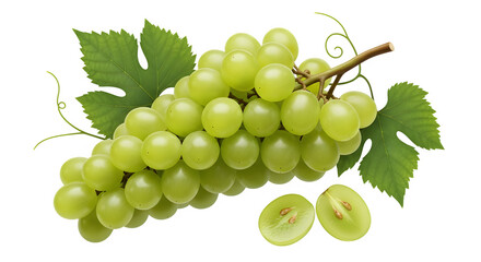 Fresh green grapes with leaves isolated on transparent background