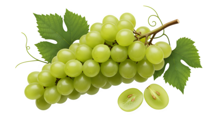 Fresh green grapes with leaves isolated on transparent background