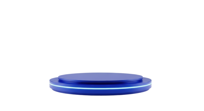 Sleek deep sapphire blue circular podium with ethereal electric glow on a pristine infinite white studio background, high-key lighting, ultra-minimalist, futuristic product concept