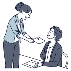 Two smiling business colleagues interacting at a desk one handing a document to the other in a modern office setting