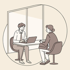 Two people in a modern office setting having a discussion while one uses a laptop computer at a desk