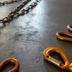 Heavy duty metal chains and carabiners resting on a textured dark gray surface