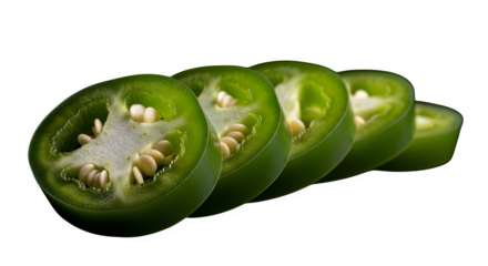 Sliced green jalapeno peppers close up isolated on transparent background