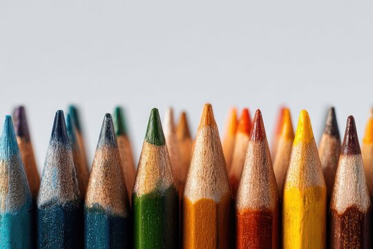 Close-up of colorful colored pencils, tips aligned