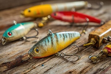 Variety of Colorful Fishing Lures on Rustic Wood
