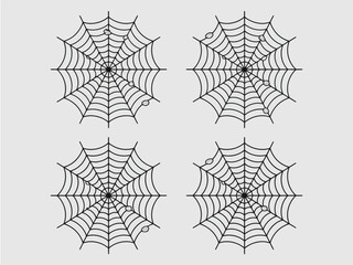 A collection of four intricately designed spider webs on a clean white background, showcasing the beauty and complexity of nature's delicate artistry in symmetry.
