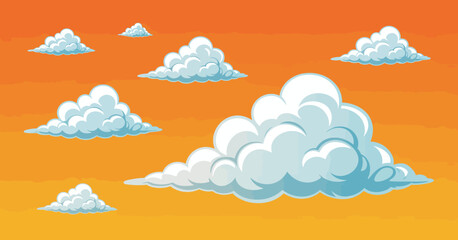 Soft, cartoonish clouds float across a vibrant sunset sky, creating a serene and dreamy atmosphere, ideal for illustrations that promote relaxation or tranquility in design.