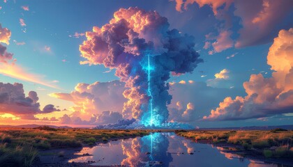 Dramatic sky with luminous lightning striking through storm clouds over a reflective body of water