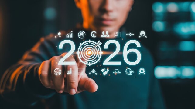 Young professional interacts with holographic digital display projecting the year twenty twenty six and related business icons - Powered by Adobe