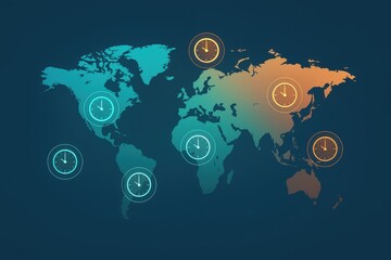 Fototapeta premium Global time zones depicted through a creative world map featuring multiple varying clocks showcasing diverse time settings and emphasizing global connectivity through synchronized timing concepts