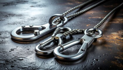 Two metallic carabiners with twisted chains lie on a textured wet surface