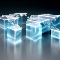 A digital representation of the world map displayed on glowing cubes, suggesting data and global connectivity in a futuristic environment.