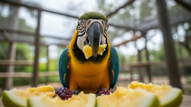 Mesmerizing close-up captures a vibrant macaw relishing sweet melon slices in an aviary setting