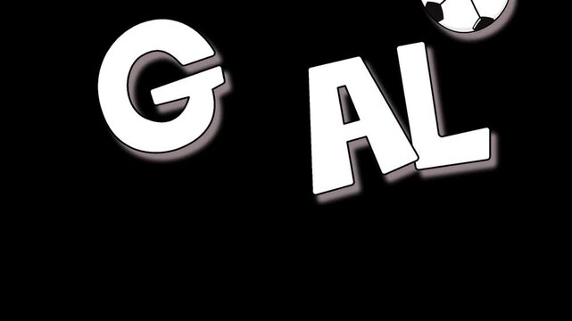 Dynamic cartoon animation of the word "GOAL" with a bouncing soccer ball on a black background. Perfect for sports highlights, football match broadcasts, celebratory victory clips, and gaming streams