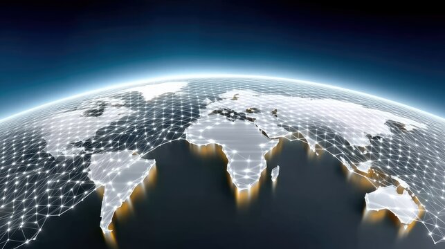 A 3D rendered image of the Earth with a network of connected nodes, representing global communication and connectivity.