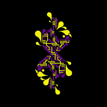 A vibrant abstract digital illustration showcasing intertwined purple and yellow circuit patterns, accented by organic splashes, symbolizing modern technology and creativity.