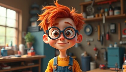 Animated redhead boy in workshop smiles. Child wears glasses yellow shirt and overall. Cartoon character design with bright colors. Studio illustration of a cute inventor.