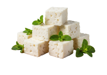 White halloumi cheese cubes stacked on a wooden board with green mint, isolated on a white background with copy space, bright studio lighting, photorealistic food photography. Concept for dairy