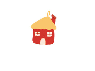 Red house ornament with yellow roof windows and hanging loop in cute style

