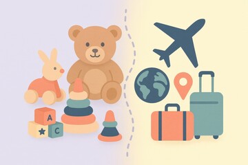 Explore the Duality of Childhood Joy and Adventure with Playful Toys and Travel Elements Symbolizing Growth and Exploration captured with clarity