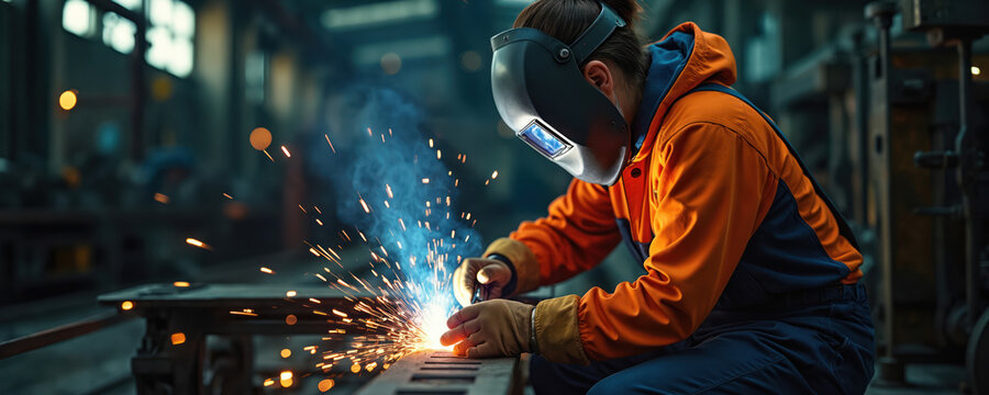 Woman welder wearing protective mask works in industrial workshop. Sparks fly from the metal during the welding process. Female worker at factory doing metalwork.