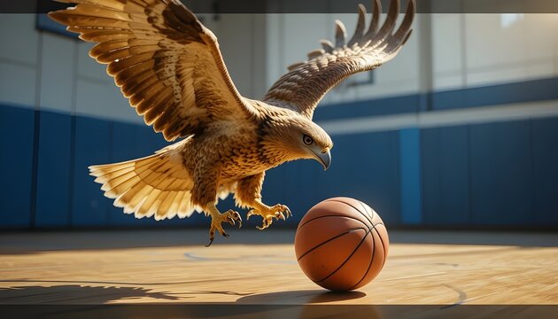 Majestic golden eagle soaring toward basketball on hardwood court in dynamic sports scene - Powered by Adobe
