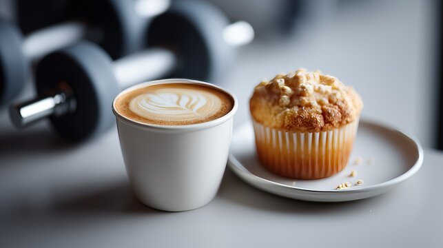 A cup of latte and a muffin sit on a table next to gym dumbbells, blending fitness and leisure.
