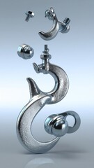 Metal hooks bolts and cap nuts suspended against a clean light blue background