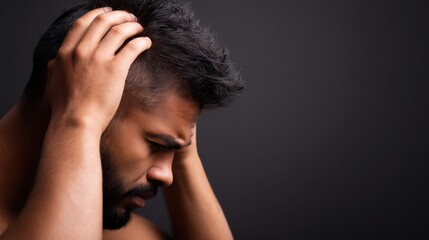 Man holding his head in distress against a dark background, conveying emotional turmoil and tension