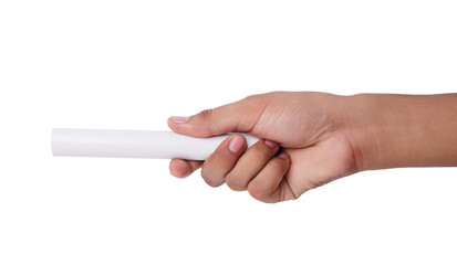 Hand holding a white relay baton, isolated on a , representing