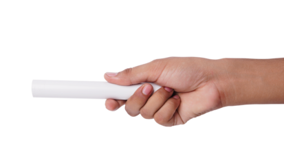 Hand holding a white relay baton, isolated on a , representing