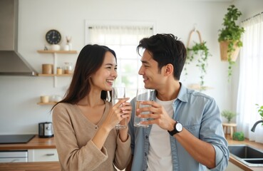Happy Asian couple cheers with glasses of water in modern kitchen. Young man and woman hydrate, enjoying clear liquid for health and wellness at home. Morning refreshment routine.