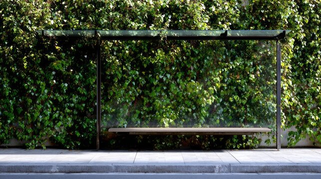 A sleek bus stop sits quietly under a glass shelter, embraced by vibrant green vines. The clean, concrete sidewalk invites passersby in this serene city setting