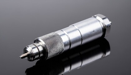 Detailed macro view of a shiny metal tool with knurled grip and threaded tip