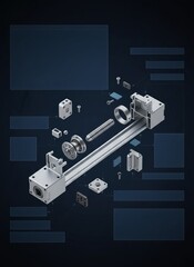 Exploded view of a linear actuator assembly with individual components and blueprint style annotations