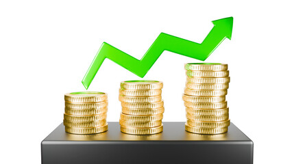 stacks of coins representing financial growth,indicated by a green upward arrow