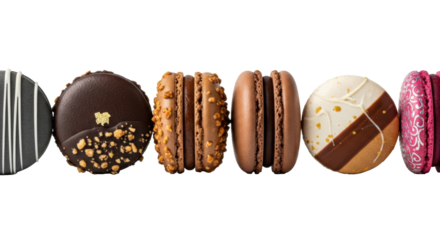 Seven gourmet macarons, meticulously arranged in a horizontal row, isolated on a transparent background. Each features unique details for a luxurious confectionery concept.