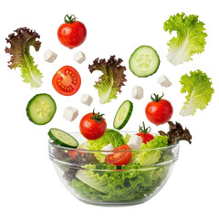 Fresh vibrant salad ingredients dynamically falling into a glass bowl on transparent background